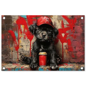 Tuinposter - Puppy met Rode Pet en Spuitbus