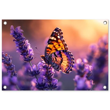 Tuinposter - Vlinder op lavendel bij zonsondergang