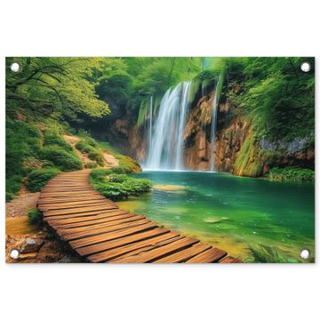 Tuinposter - Boswaterval met Houten Pad