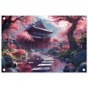 Tuinposter - Sakura Tempeltuin in Volle Bloei