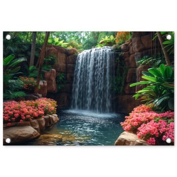 Tuinposter - Waterval in Bloeiende Tropische Tuin